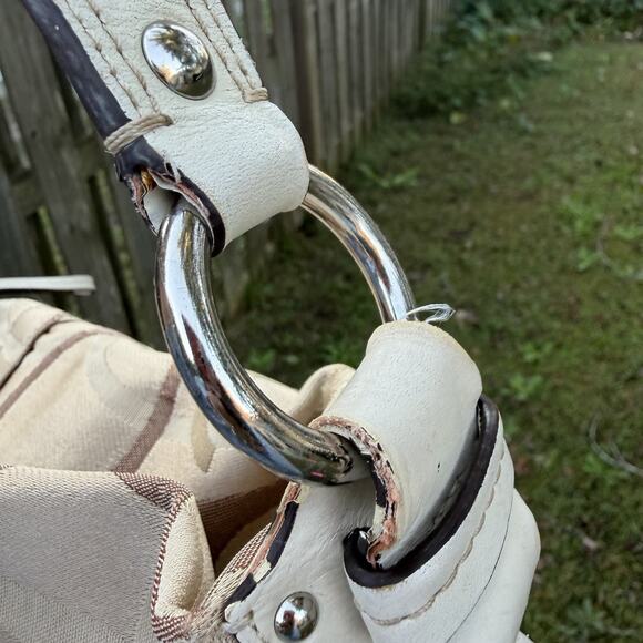 Coach Purse Carly Tote Bag Tan Jacquard C Pattern With White Leather Trim - Picture 16 of 16
